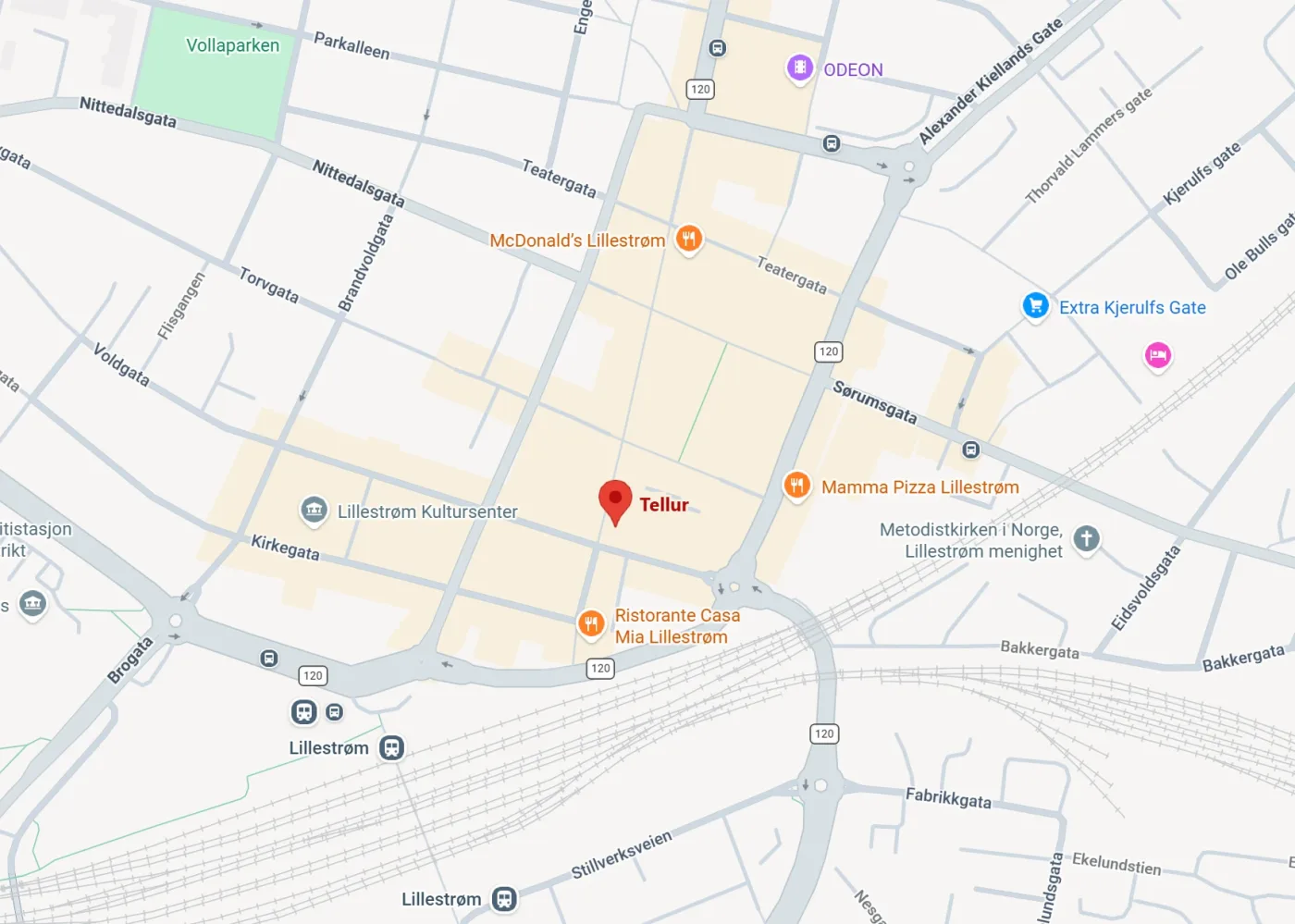 Kart over Lillestrøm sentrum med markør på Tellur, Sørumsgata 1a